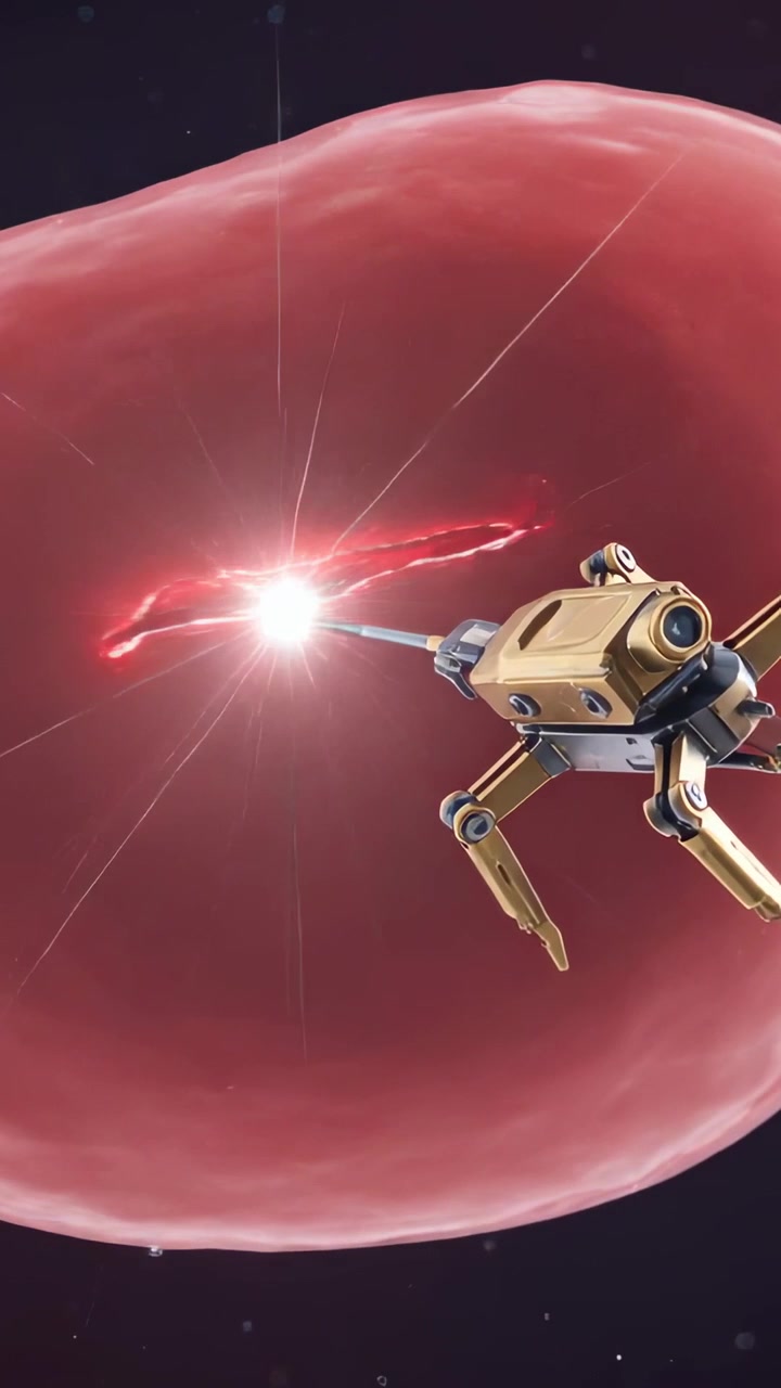 Vertical video: Contacting fissure, gold robot probing red sphere with needle, emitting hot sparks