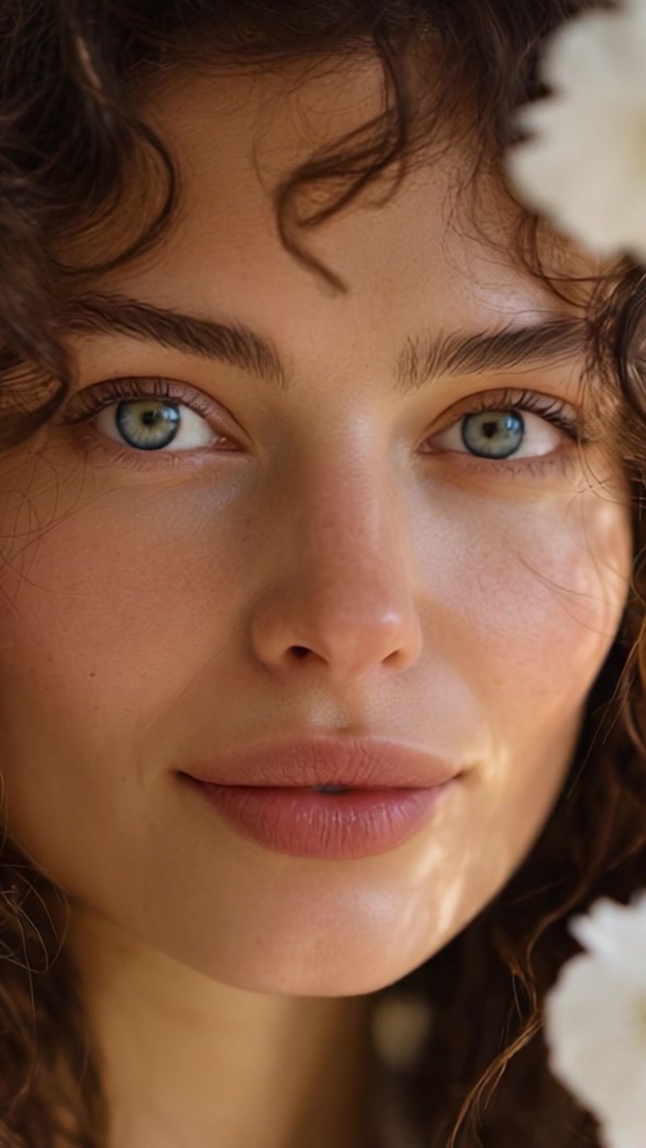 Ritratto accattivante di una donna con incantevoli occhi verdi circondata da delicati accenti floreali, che enfatizza la bellezza naturale e la pelle radiosa in una composizione elegante