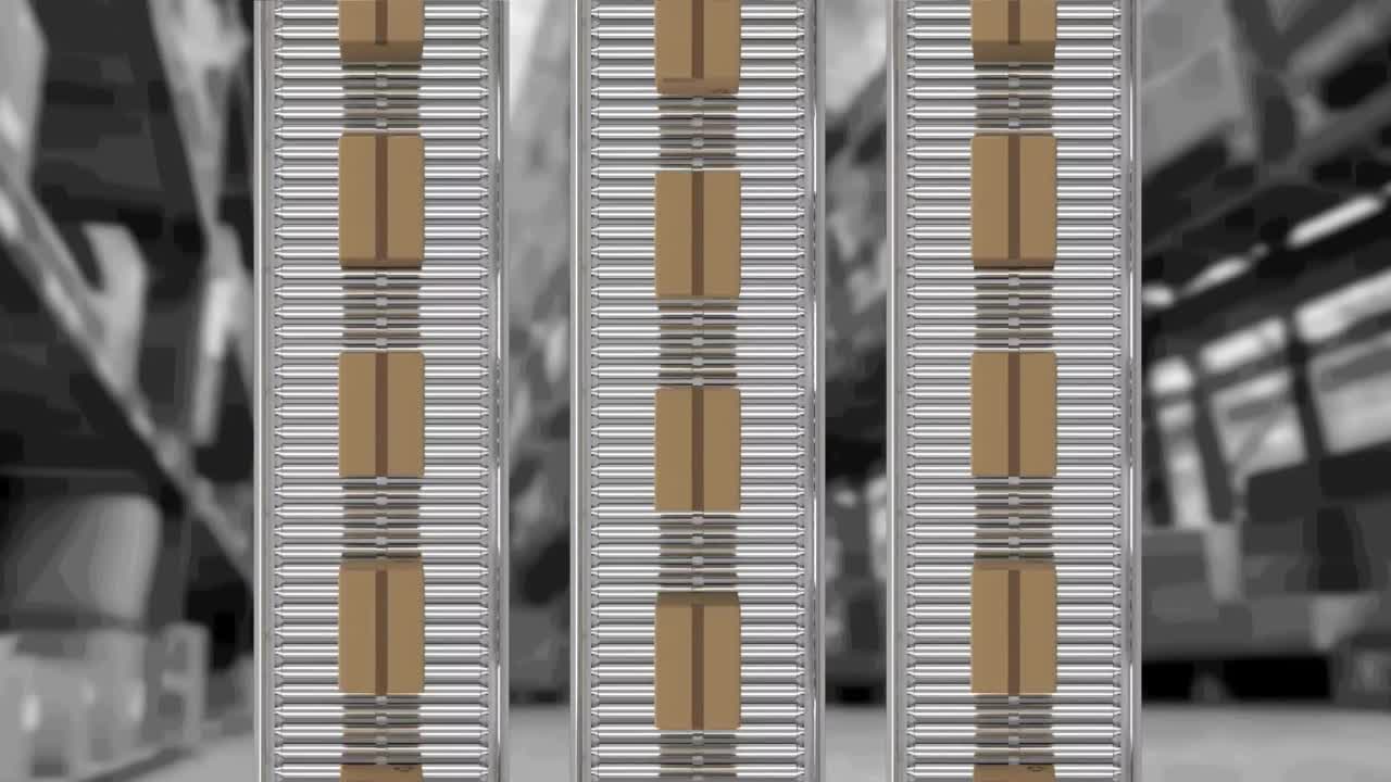 창고 위에서 컨베이어 벨트에 움직이는 카드보드 상자의 애니메이션