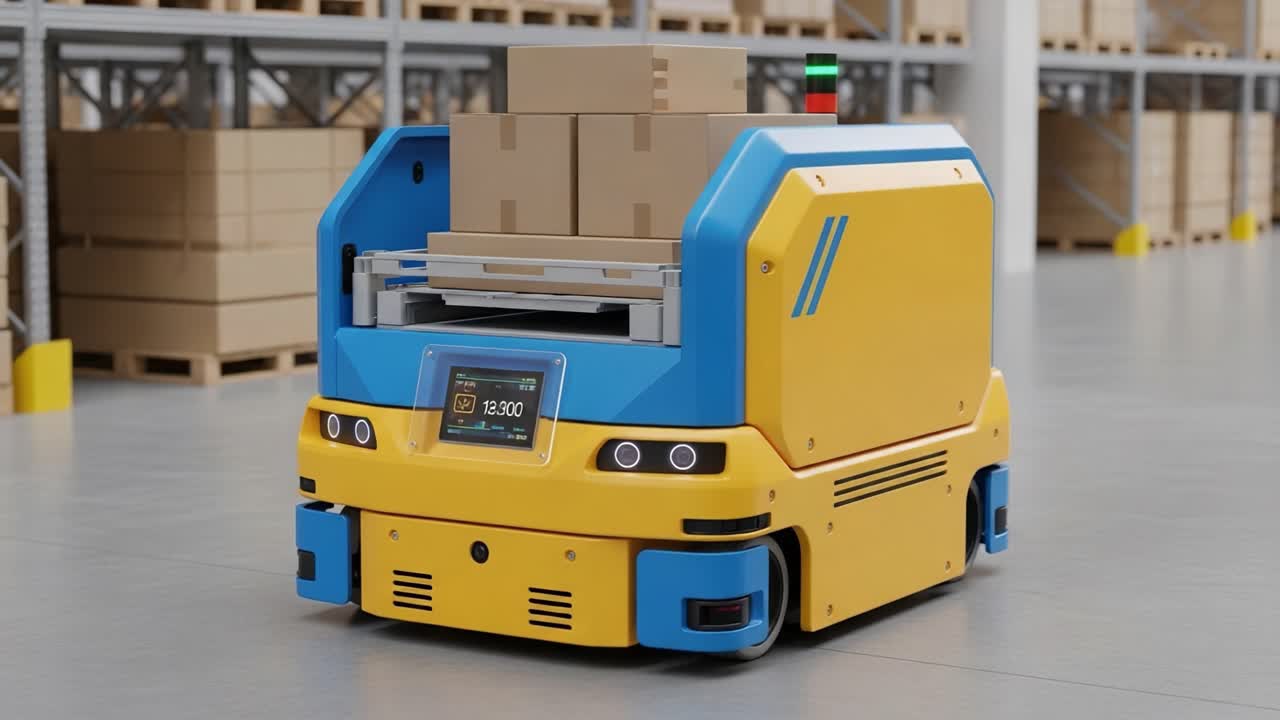 Innovative Automated Delivery Robot Transporting Packages in a Modern Warehouse Environment, Enhancing Efficiency and Streamlining Logistics Processes for Businesses