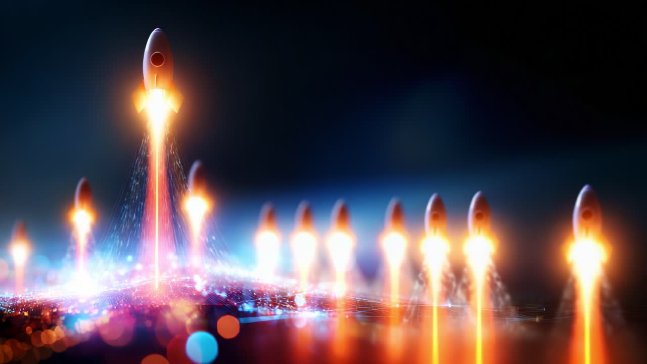 A Dynamic Launch Sequence Featuring Multiple Rockets Igniting and Ascending into Space with Vibrant Colors and Energetic Flames Against a Dark Cosmic Background