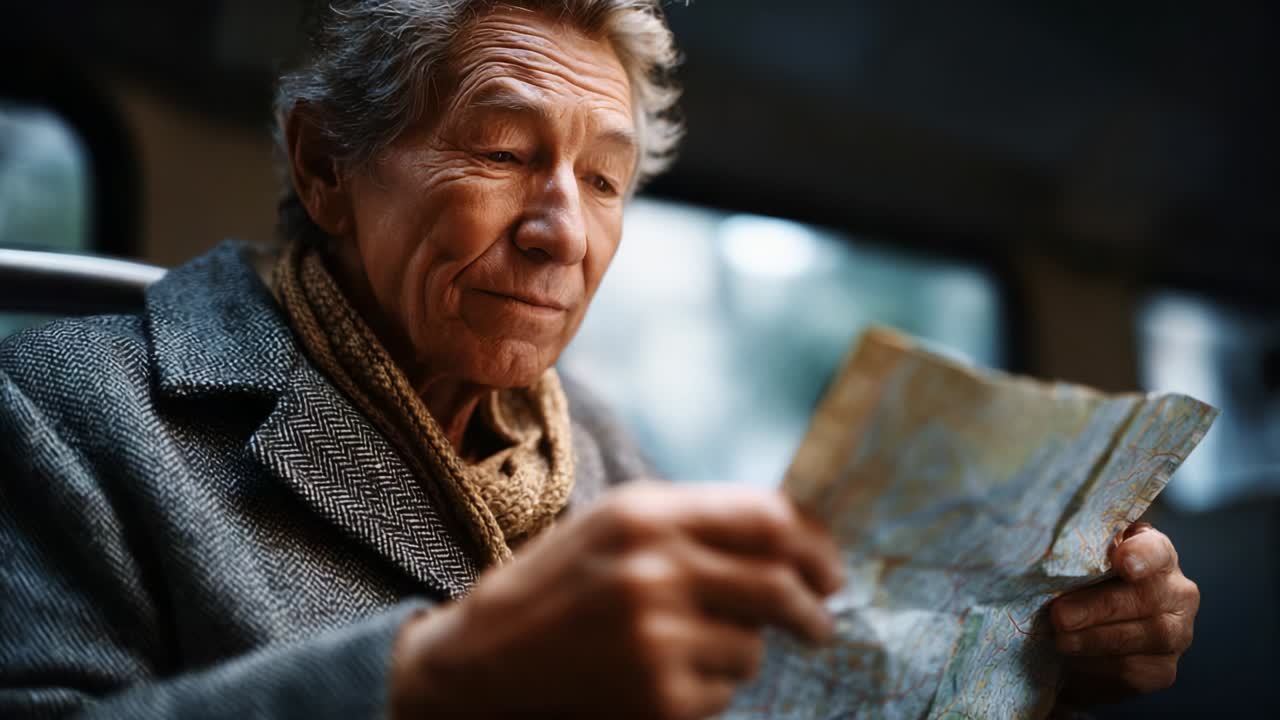 An elderly man examines an old map, immersed in thought as he contemplates his journey and the memories associated with it, embodying the essence of exploration and nostalgia in a fleeting moment