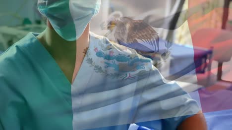 Animation-of-flag-of-mexico-waving-over-female-surgeon-in-operating-theatre