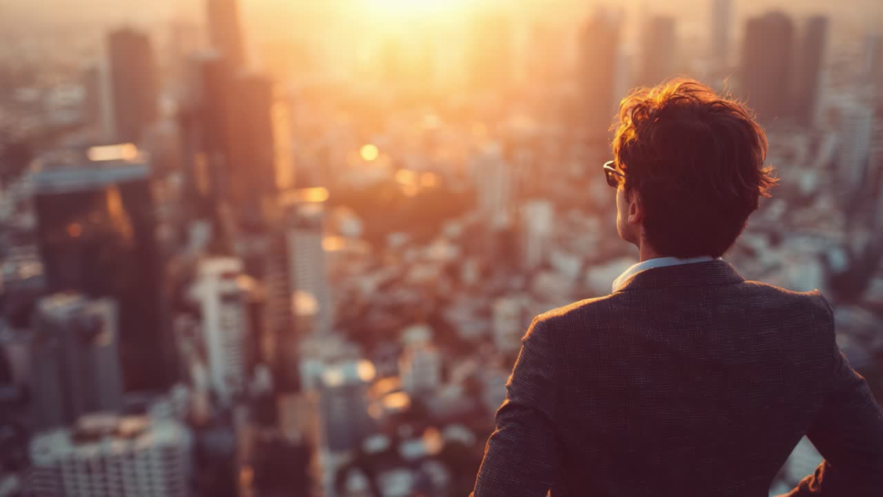 A Thoughtful Glimpse: A Well-Dressed Man Observes the Urban Landscape Bathed in the Warm Glow of the Setting Sun, Reflecting on Ambition and Dreams