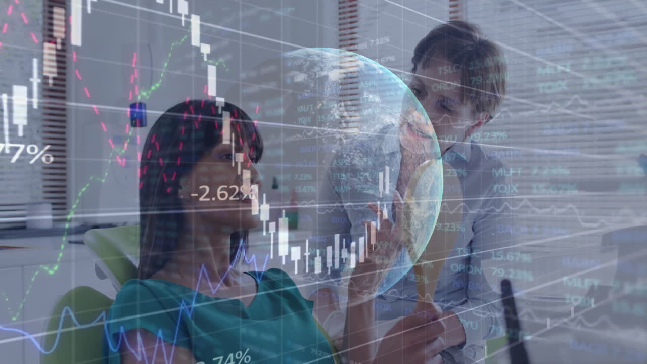 In office, professionals discussing stock market data with animation of globe overlay