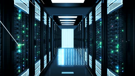 beautiful rows of server racks in modern datacenter working with graphics elements. looped 3d animation of busy mainframes. digital media and futuristic technology concept.