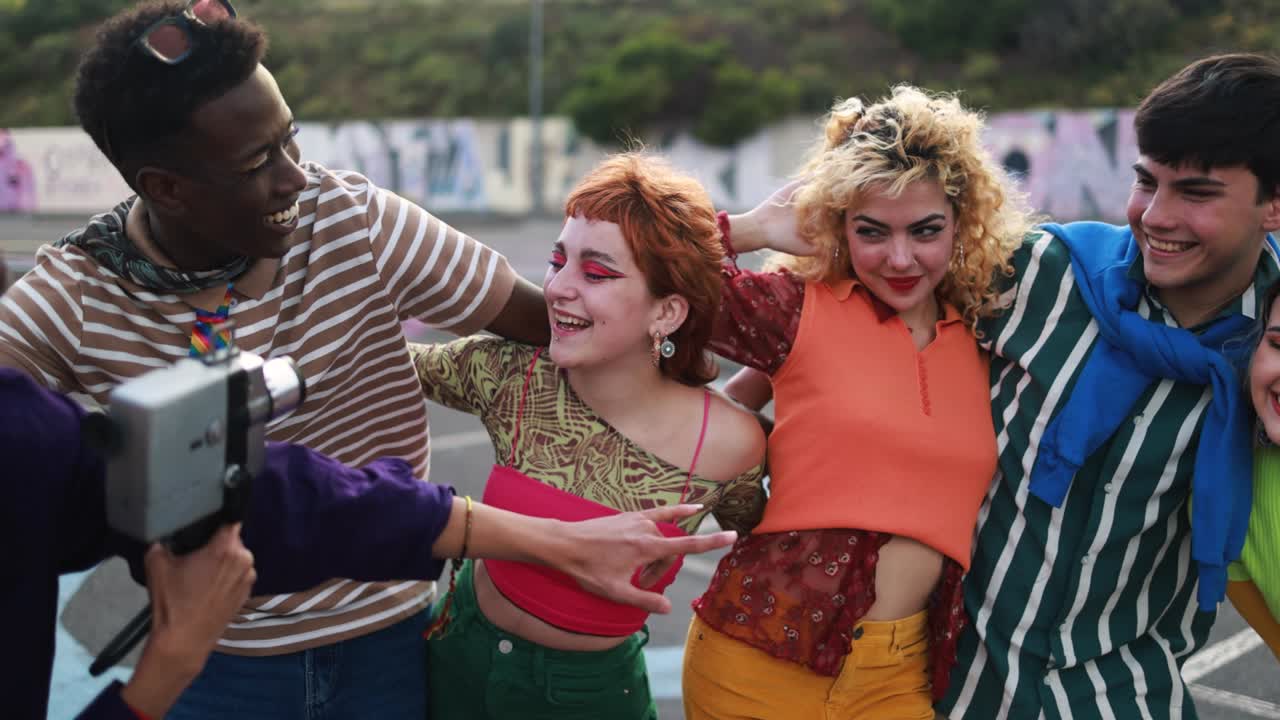 jóvenes diversos divirtiéndose con viejas cámaras de video vintage al aire libre