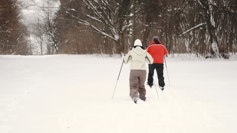 pareja de vacaciones caminando por la nieve profunda en la naturaleza cerca de los árboles y el bosque, concepto de actividad de ocio y tiempo libre