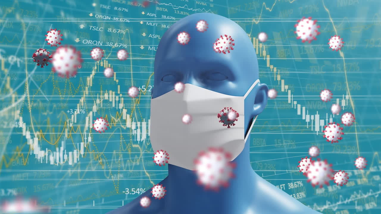 Covid-19 animation depicts virus cells and masked human head over pandemic data.