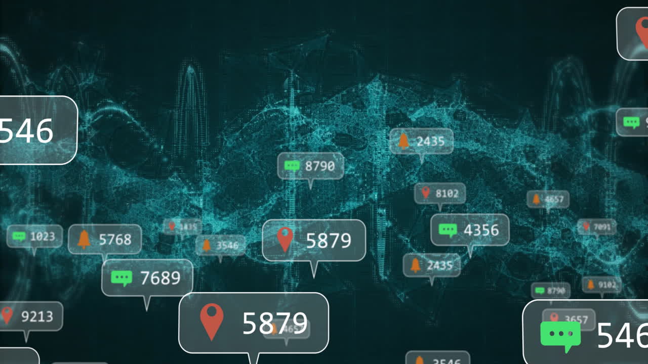 Animation of digital map with location pins, data notifications, network connections