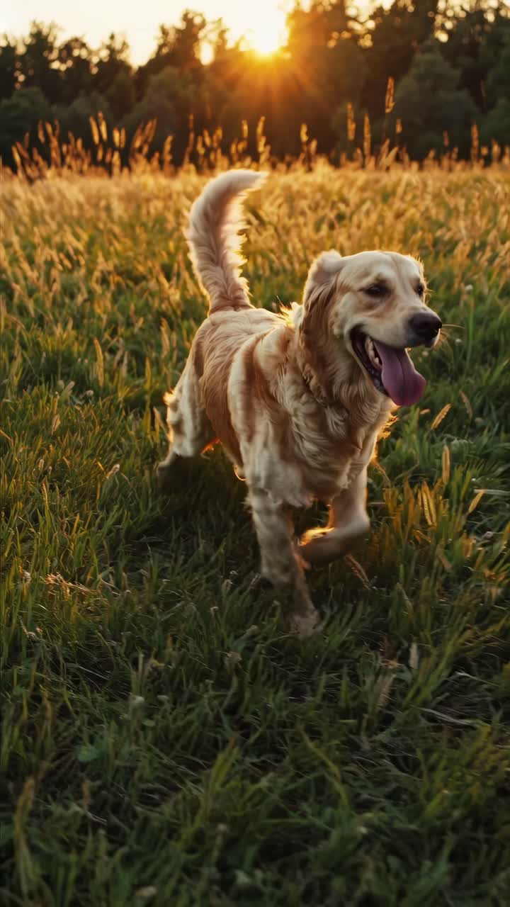 Golden retriever joyfully runs through a sunlit field at sunset, captured from a low-angle