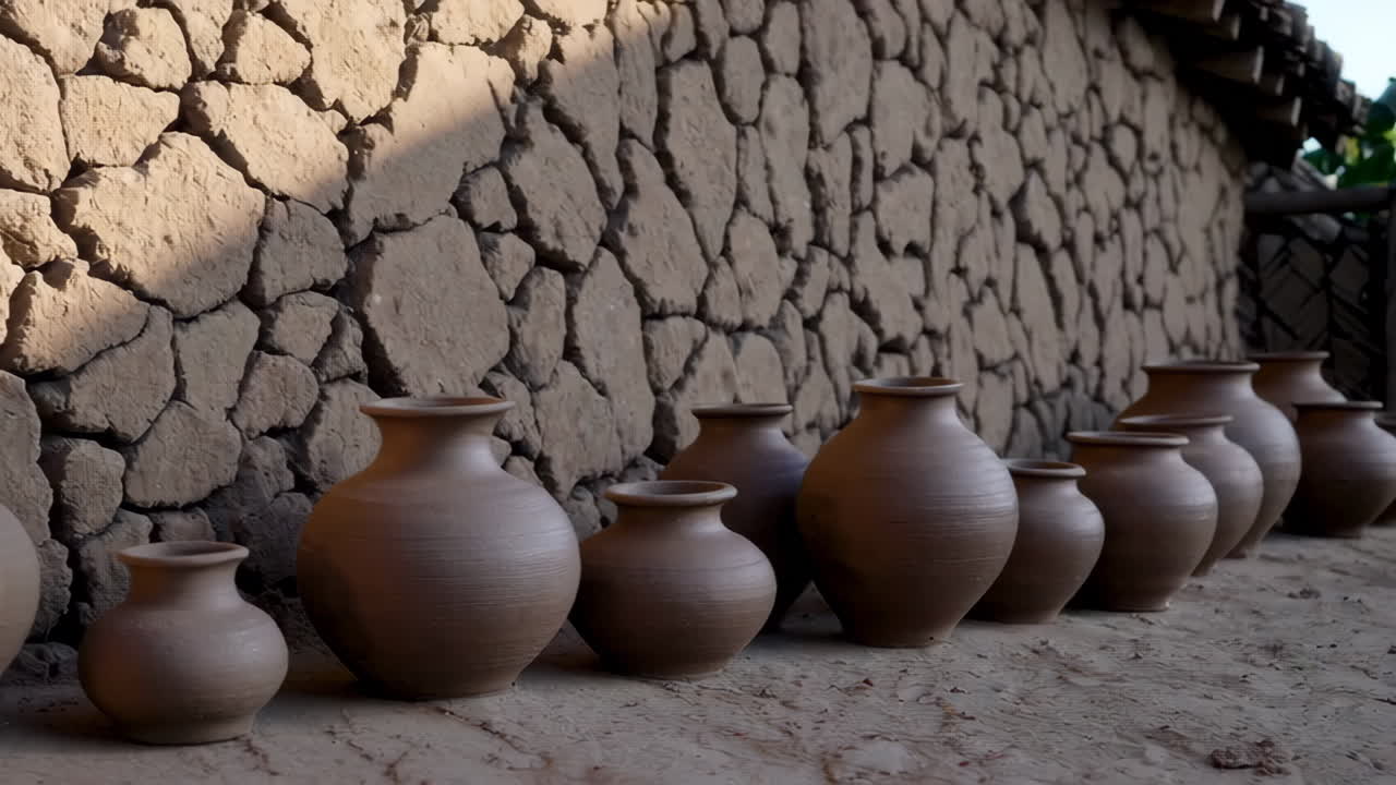 Handmade Clay Pots by a Stone Wall