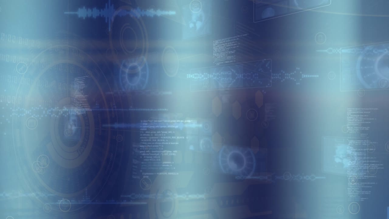 Animation of globes, circles, radars, soundwaves over computer language on abstract background