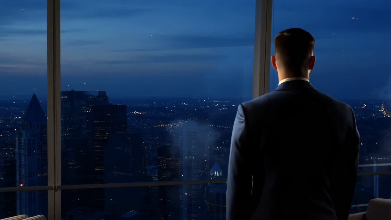 Businessman in suit looking out a window at a city skyline at night