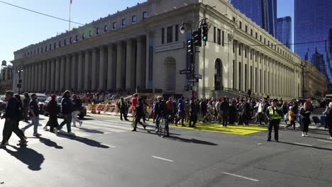 busy street scene at pennsylvania station in new york city