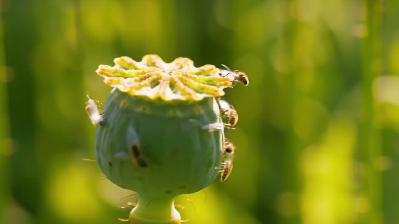 Bees Gather Around a Flower Pod, Highlighting the Importance of Pollinators in Nature and Their Role in the Ecosystem's Health and Biodiversity