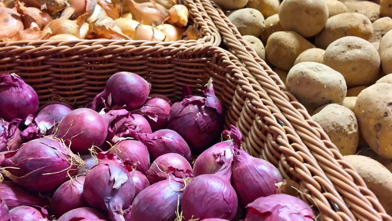 Descending shot along a market stall showing potatoes and onions before revealing red onions in a wicker basket