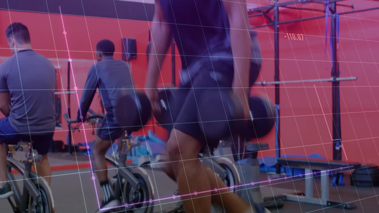 Man entering grabbing dumbbells, doing deadlift training, grid overlay tracking cyclists pedaling