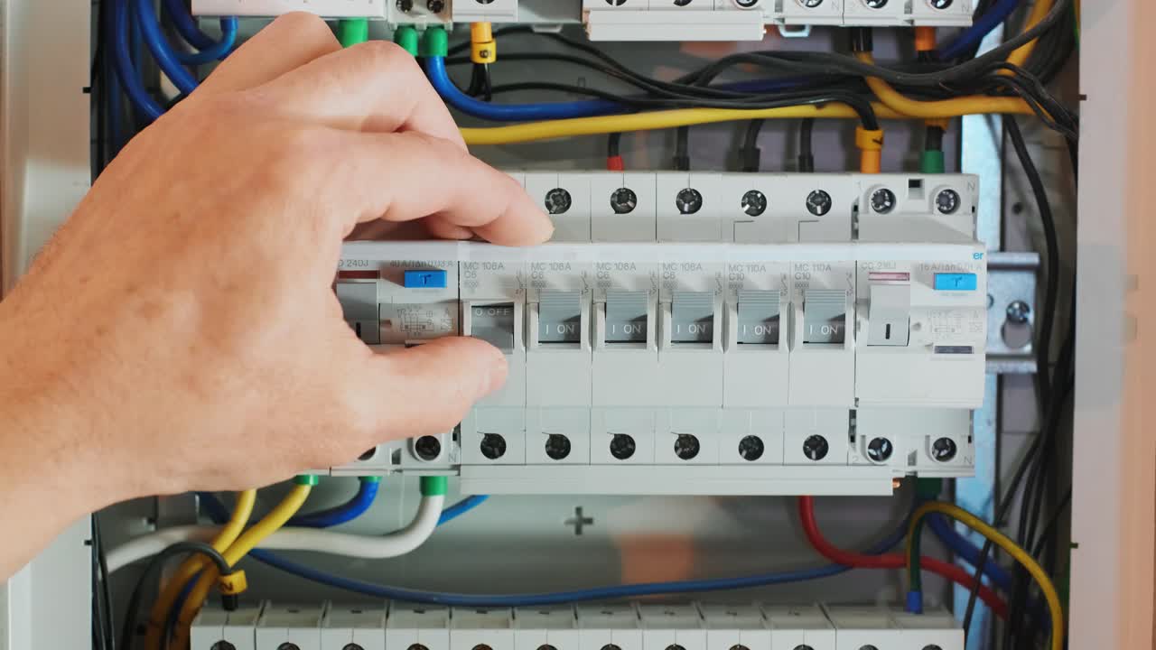 primer plano de la mano en el interruptor de la placa de distribución. hombre encendiendo el fusible