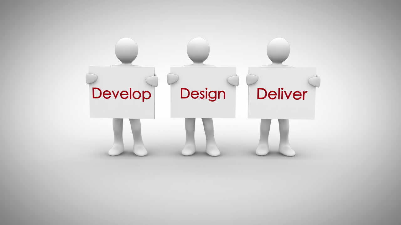 "디자인 개발, 배달"이라는 표지판을 표시하는 색 문자