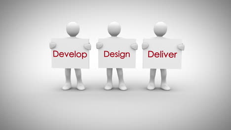 white characters showing signs saying develop design deliver