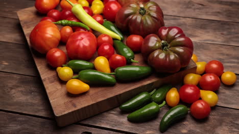 flat lay on rustic aged pallet wood cherokee purple tomato jalapeno pepper red and yellow tomatoes cayenne and yellow pepper with hardwood cutting board