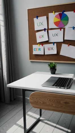modern workspace with laptop and corkboard notes