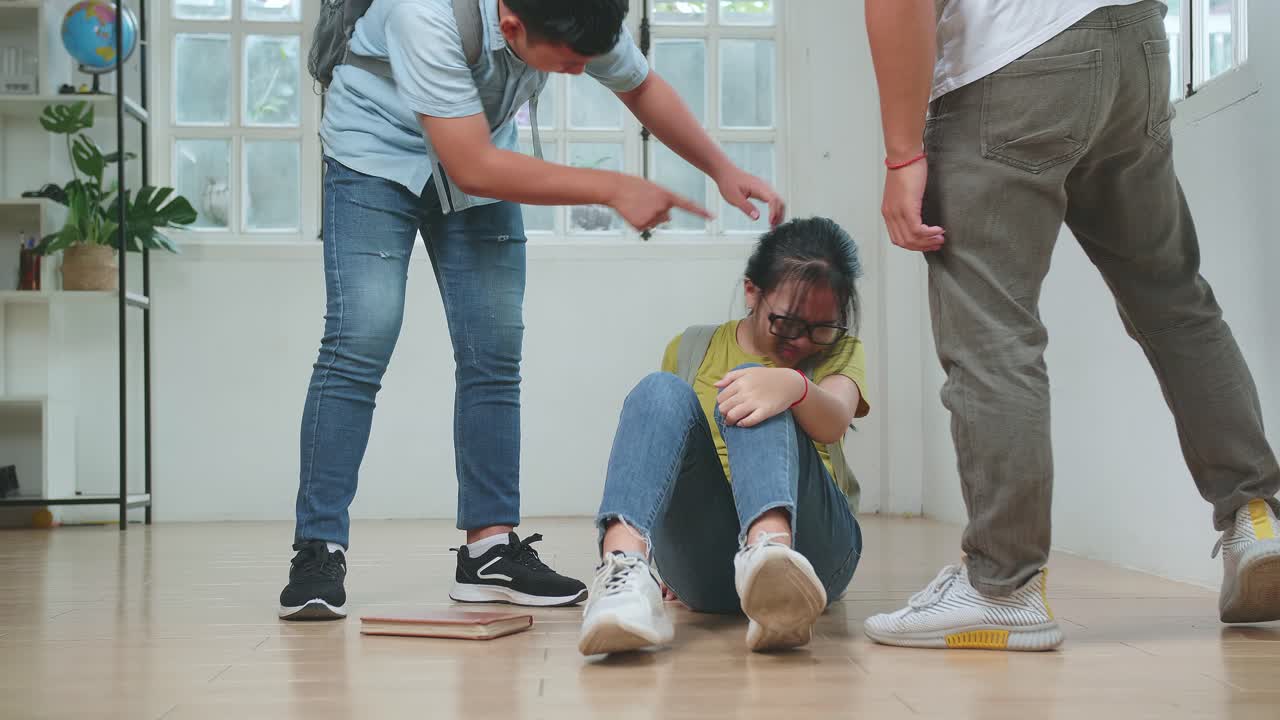 Young Asian Boys Attacking Caucasian Girl In Glasses, Bullying