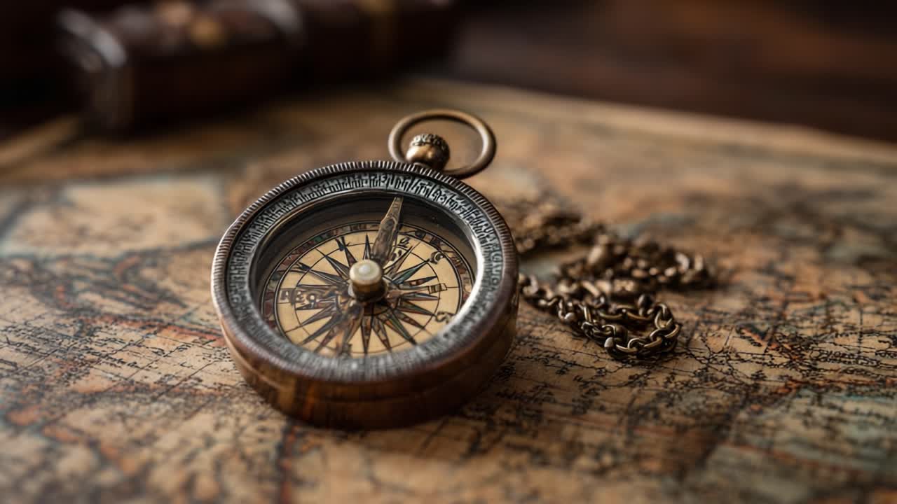 An Antique Compass Resting on an Old Map: A Timeless Representation of Navigation and Exploration with Intricate Details and a Rich History Revealed in Each Frame