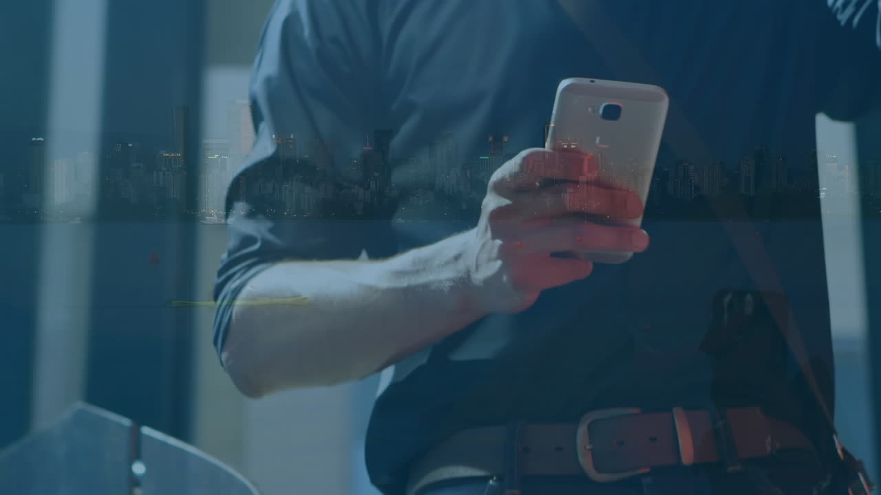 도시 풍경 위에서 스마트폰을 사용하는 사람의 애니메이션