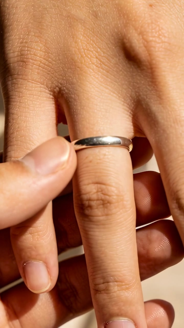Vertical video: Reaching with band, partner's hands sliding ring onto other finger in sun, bonding