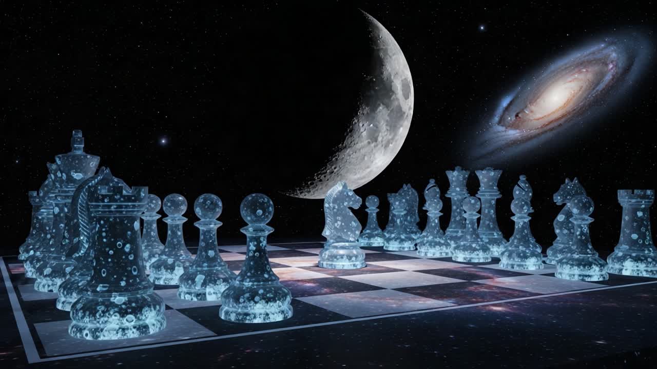 A Celestial Chess Match: Intricate Glass Pieces on a Galactic Board Under the Moon and Stars, Blending Strategy with Cosmic Wonder in Infinite Space