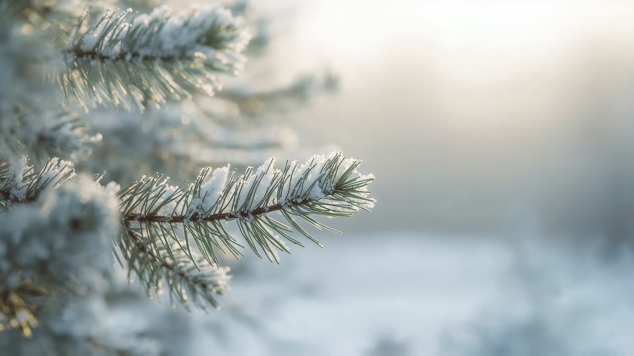 Showing frost-covered conifer branch with snow swaying at forest edge, sunlight shifting focus