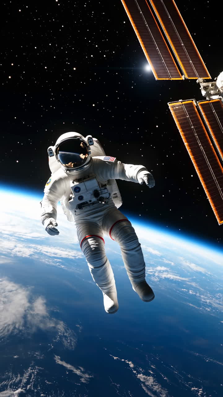 Astronaut Floating in Orbit Above Earth with Space Station