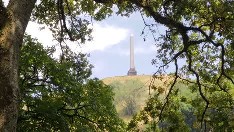 Open-view-through-canopy-towards-Obelisk-landmark,-cloudy-day-in-Cornwall-Park,-New-Zealand