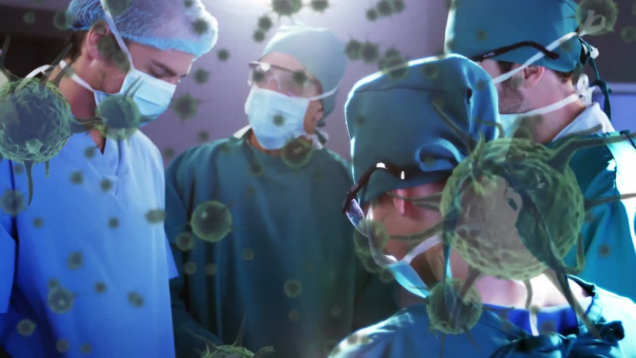 Animação de células de COVID-19 em movimento sobre cirurgiões com máscaras faciais