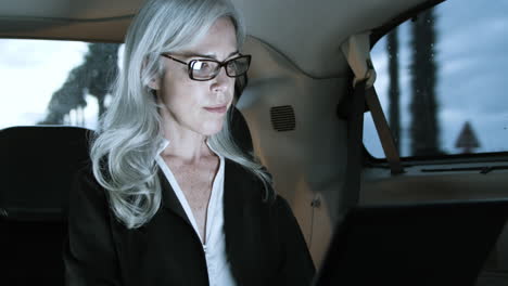 businesswoman working on laptop in car