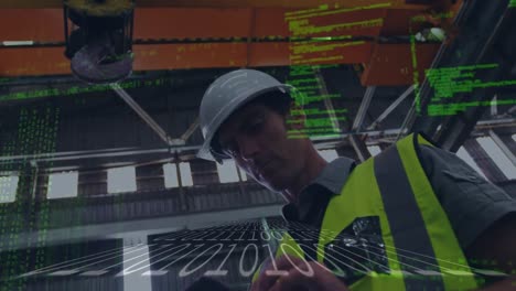 animación de procesamiento de datos y placa de circuitos informáticos sobre trabajador masculino caucásico usando tableta