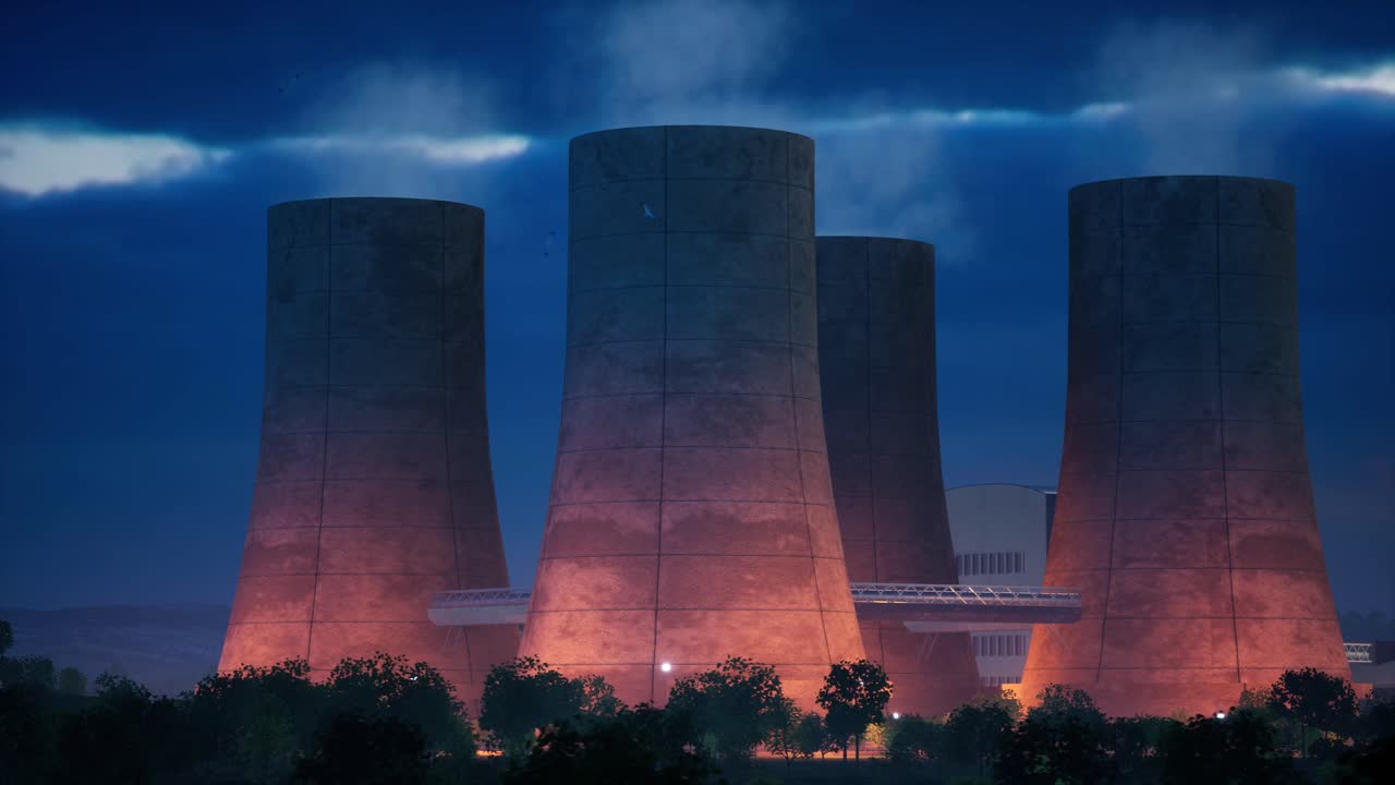 animación 3d de una planta de energía nuclear.