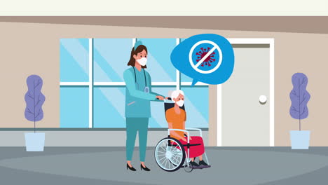 old woman in wheelchair with nurse stay at home for covid19 prevention method