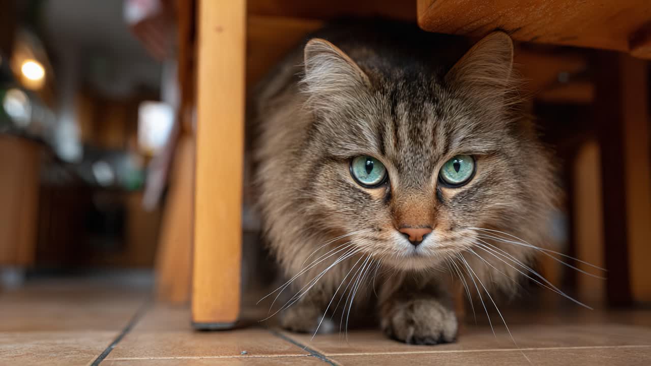 Un gatto curioso esplora l'ambiente circostante: primi piani accattivanti di un felino che esplora sotto un tavolo in un ambiente domestico accogliente