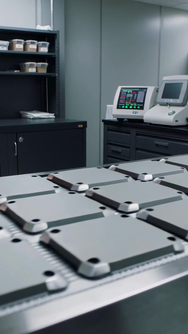 Vertical video: Panning grid of gray modules moving on metal belt across lab bench with analyzers