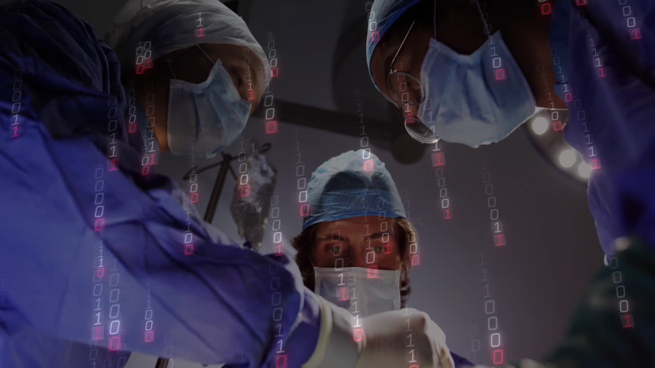 Three surgeons performing surgery in operating room, showing binary code cascading over scene