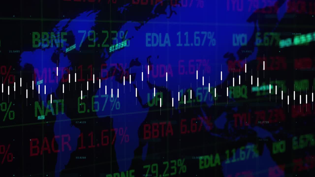 animación del procesamiento de datos del mercado de valores sobre el mapa del mundo contra un fondo negro