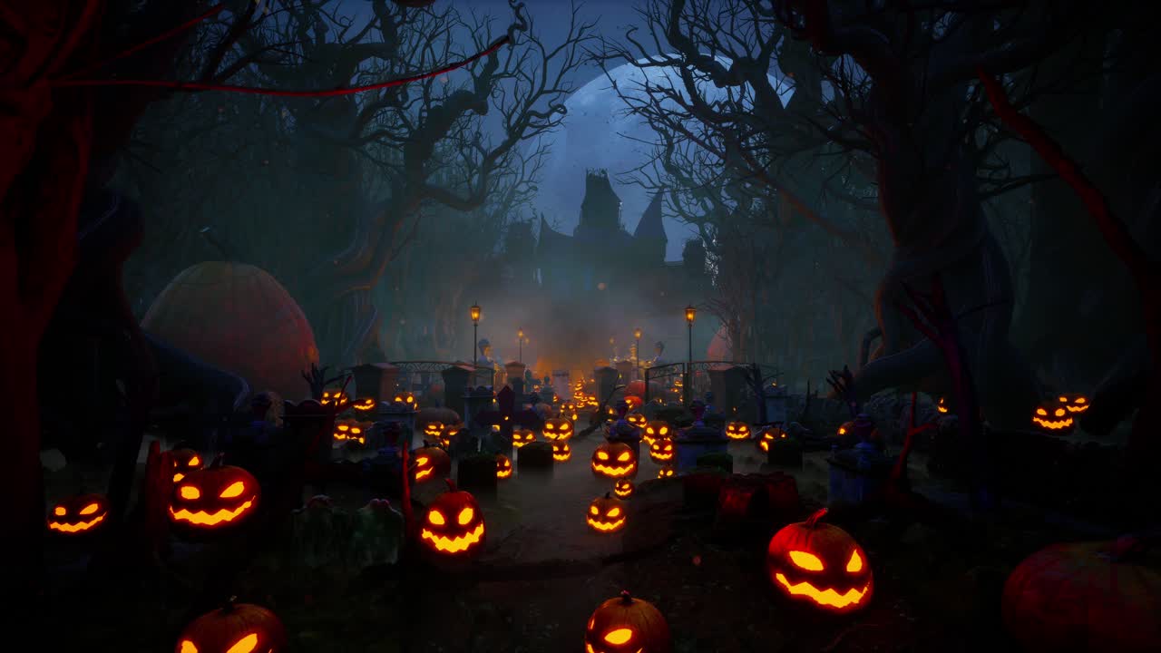 Uhyggelig gravlund med hjemsøkt hus og jack-o'-lanterner på Halloween-natten