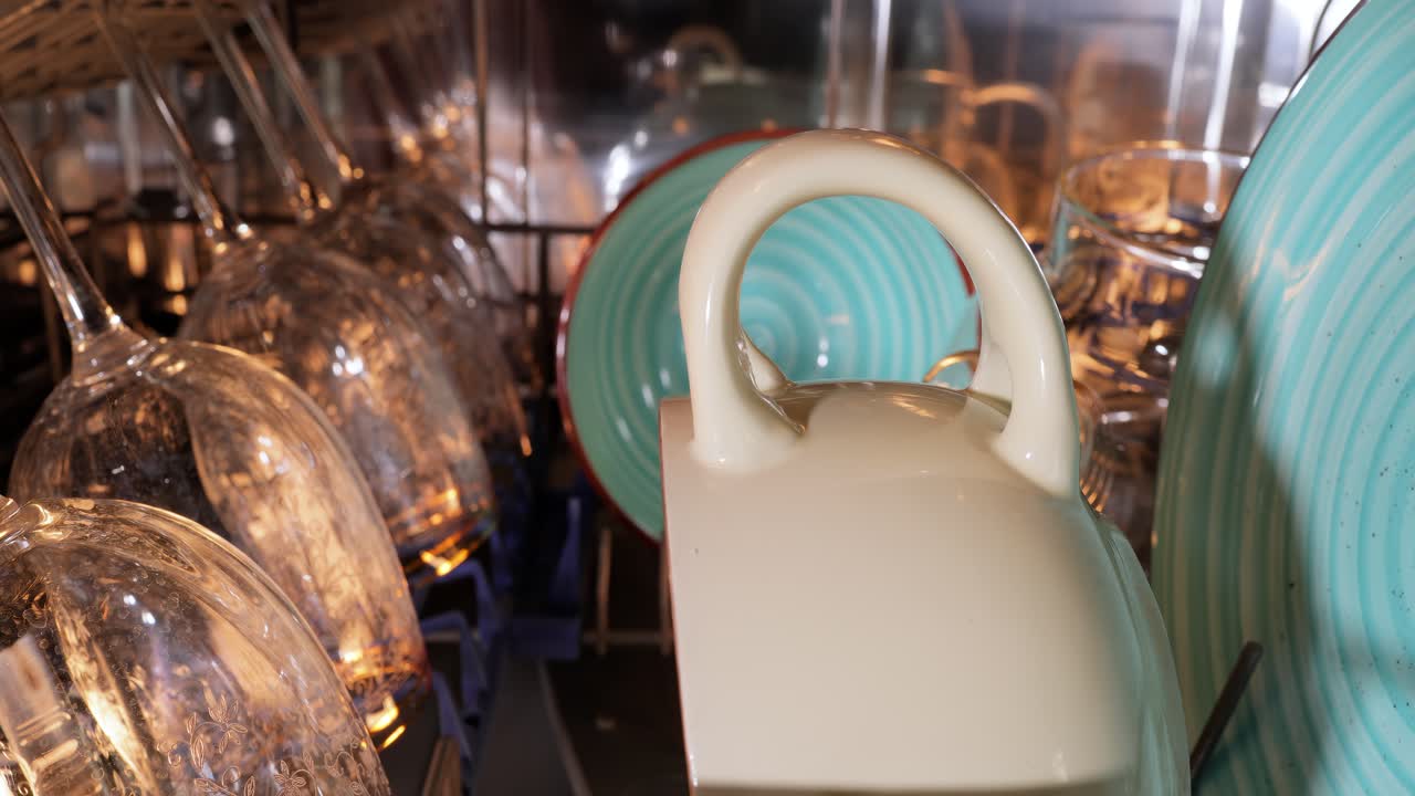 깨한 접시와 함께 열려있는 접시 세탁기. 집안 관리 개념.