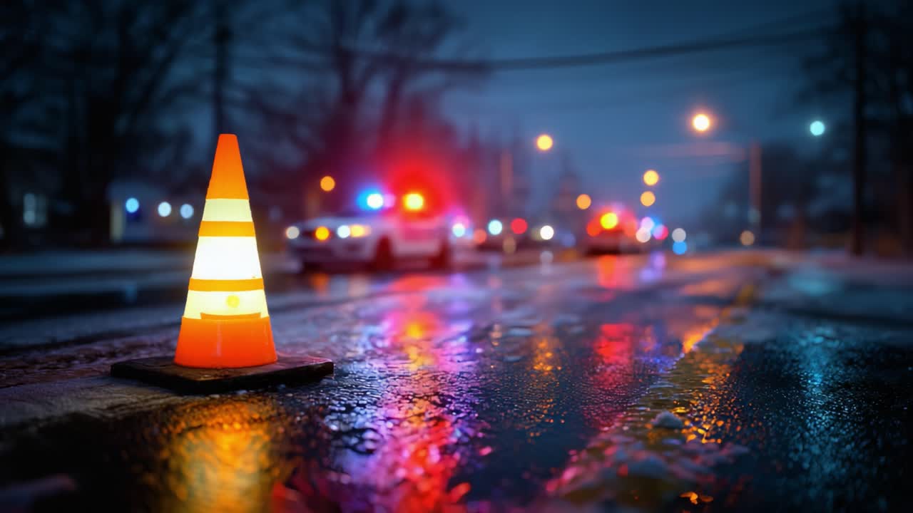 A Glowing Traffic Cone Illuminates a Wet Street Amidst Emergency Lights and Reflections on a Gloomy Night, Signaling Caution and Alertness