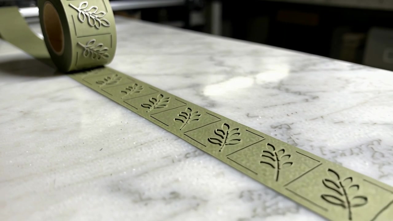 Unrolling olive tape roll being pulled while rotating across marble top, showing square leaf panels