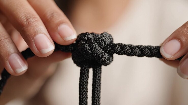 Demonstrating a Skillful Knot-Tying Technique with a Close-Up of Hands Holding a Securely Knotted Rope in a Neutral Background as Focus is on Detail