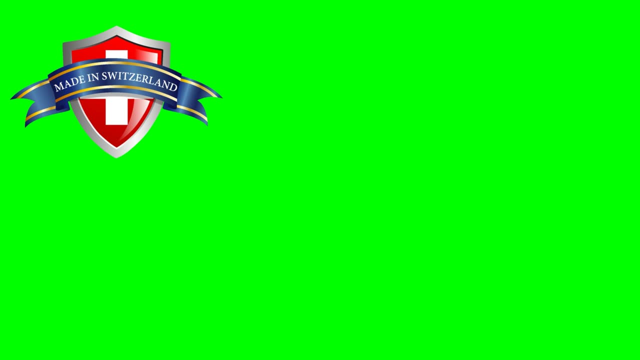 hecho en suiza, escudo con bandera y cinta con texto. tecla de croma con espacio de copia. animación 2d. clip de imágenes 4k para gif
